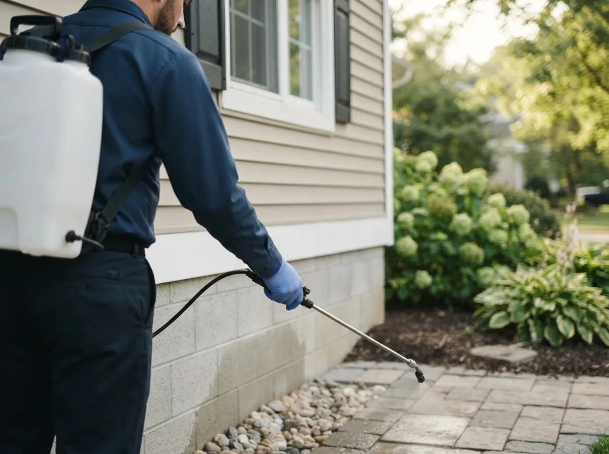 Pest control technician inspecting a home in Leslie, MO